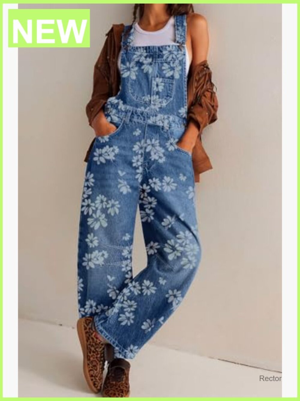 Floral Print Denim Overalls Baggy Barrel Jeans Y2k Wide Leg Jumpsuit - Picture 2 of 7